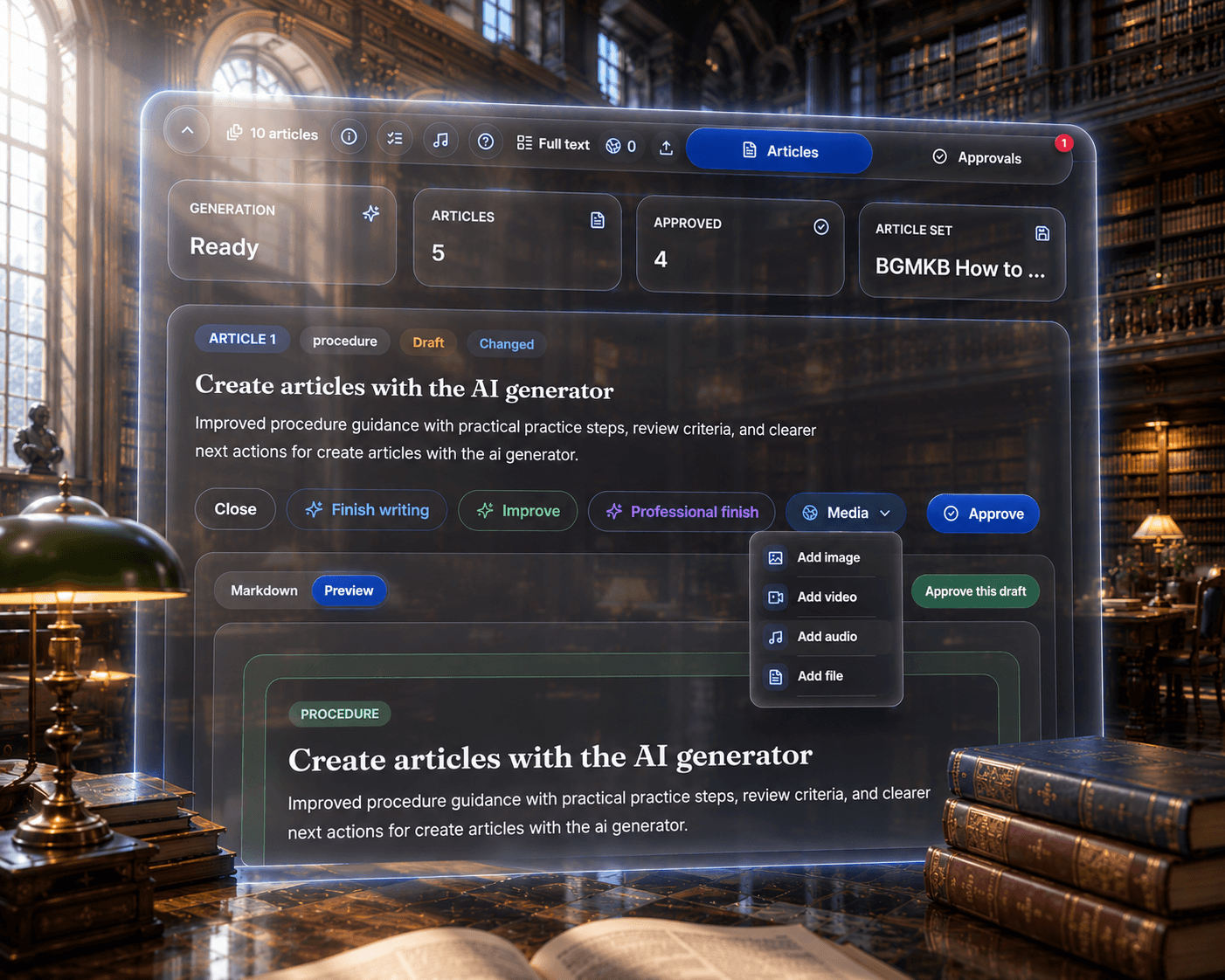 BGM article editor with writing and generation tools