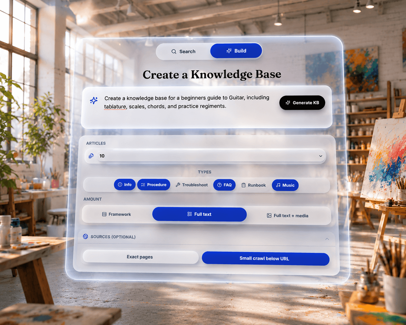 BGM product screen for creating a full knowledge base